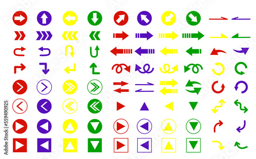 様々なデザインの矢印アイコンセット シンプル 原色 カラフル