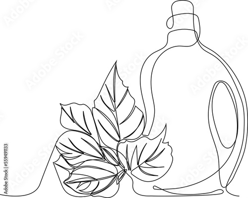 Continuous one line drawing of bottles for liquid laundry detergent, bleach, fabric softener, dishwashing liquid or another cleaning agent. Easy to place your text and brand logo. Vector illustration