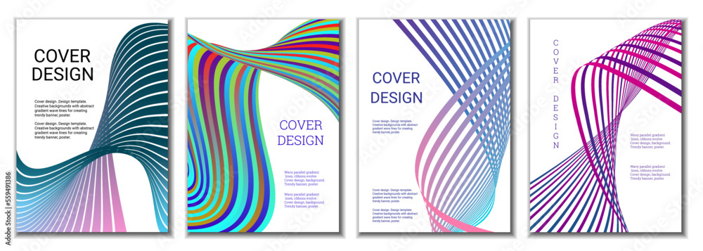 A set of 4 abstract covers. Wavy parallel gradient lines, ribbons evolve. Cover design, background. Trendy banner, poster. A set of 4 abstract covers. Wavy parallel gradient lines, ribbons evolve. Cover design, background. Trendy banner, poster.