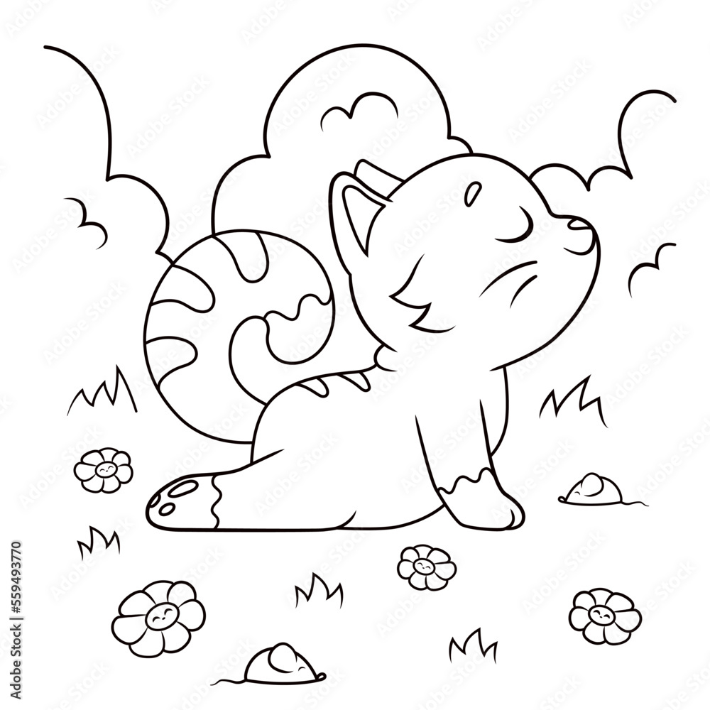 Fototapeta premium Outline for children's drawing colouring book with a cat and mouse, animal theme children's colouring book.