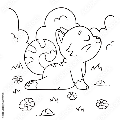Outline for children's  drawing colouring book with a cat and mouse, animal theme children's colouring book.