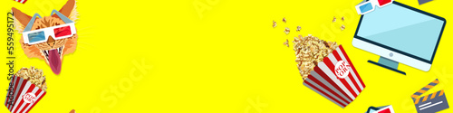 Seamless background with popcorn, clapperboard, computer and cat in 3d glasses. Empty space in the center of the banner