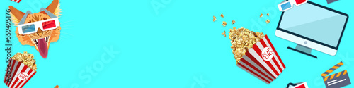 3d cinema, cinema online, home cinema. Empty space in the center of the banner