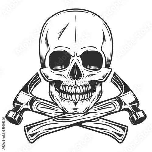 Skull and crossed builder hammers from new construction and remodeling house business in monochrome vintage style isolated vector illustration