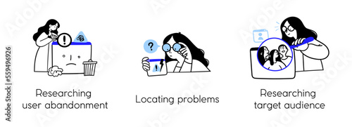 Programming Illustration Set. Different characters working on web and application development on computers. Software developers. Visual stroies collection