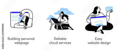 Programming Illustration Set. Different characters working on web and application development on computers. Software developers. Visual stroies collection