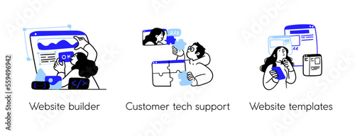 Programming Illustration Set. Different characters working on web and application development on computers. Software developers. Visual stroies collection