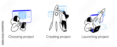 Programming Illustration Set. Different characters working on web and application development on computers. Software developers. Visual stroies collection