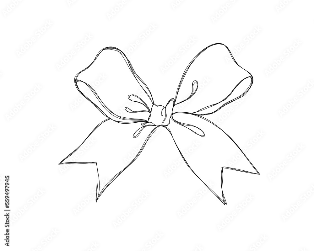 Beautiful festive bow with ribbons - line art illustration Beautiful festive bow with ribbons - line art illustration