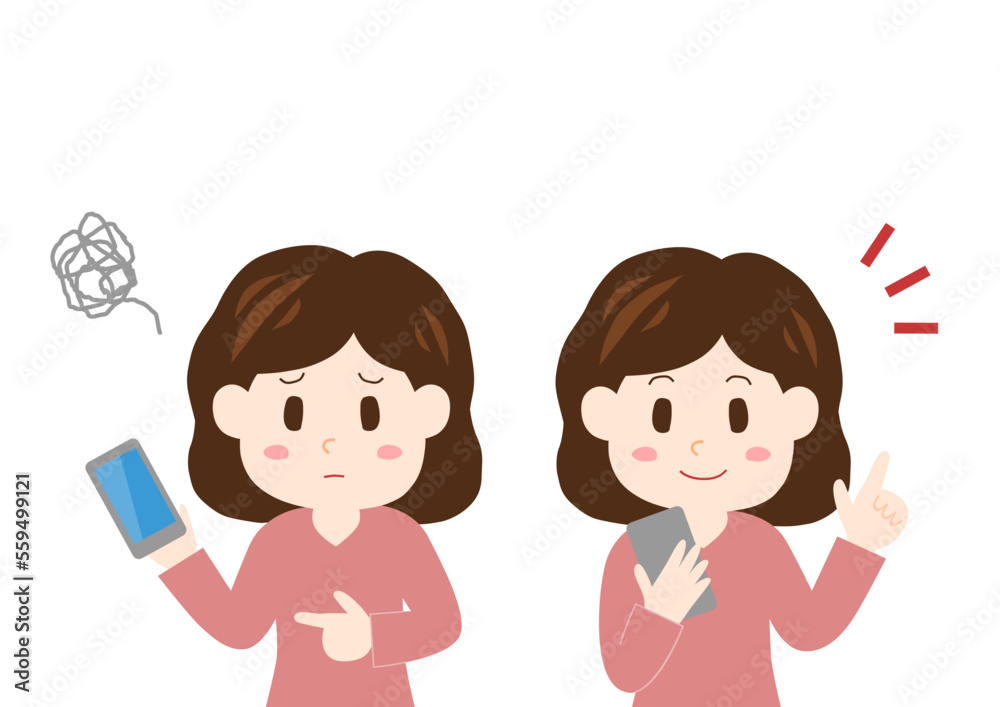 スマートフォンを使う女性のイラスト: 笑顔と困り顔