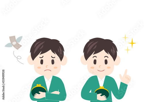 財布を持つ男性のイラスト: 笑顔と困り顔