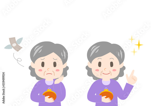 財布を持つシニア女性のイラスト: 笑顔と困り顔