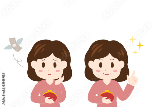 財布を持つ女性のイラスト: 笑顔と困り顔