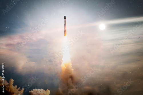 Shuttle launch in the clouds to outer space. Dark space with stars on background.Spaceship flight. Elements of this image furnished by NASA