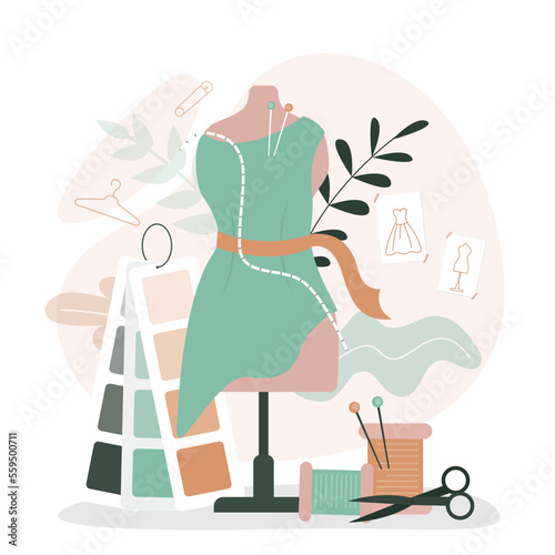 Mannequin, threads, scissors and color palette. Fashion design, dressmaking, sewing workshop or courses, tailoring concept. Needlework, equipment for sewing.