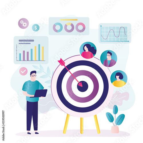 Market segmentation, advertising, SEO, target market, target group, target customer concept. Businessman and focus group with people characters. Business discussion,