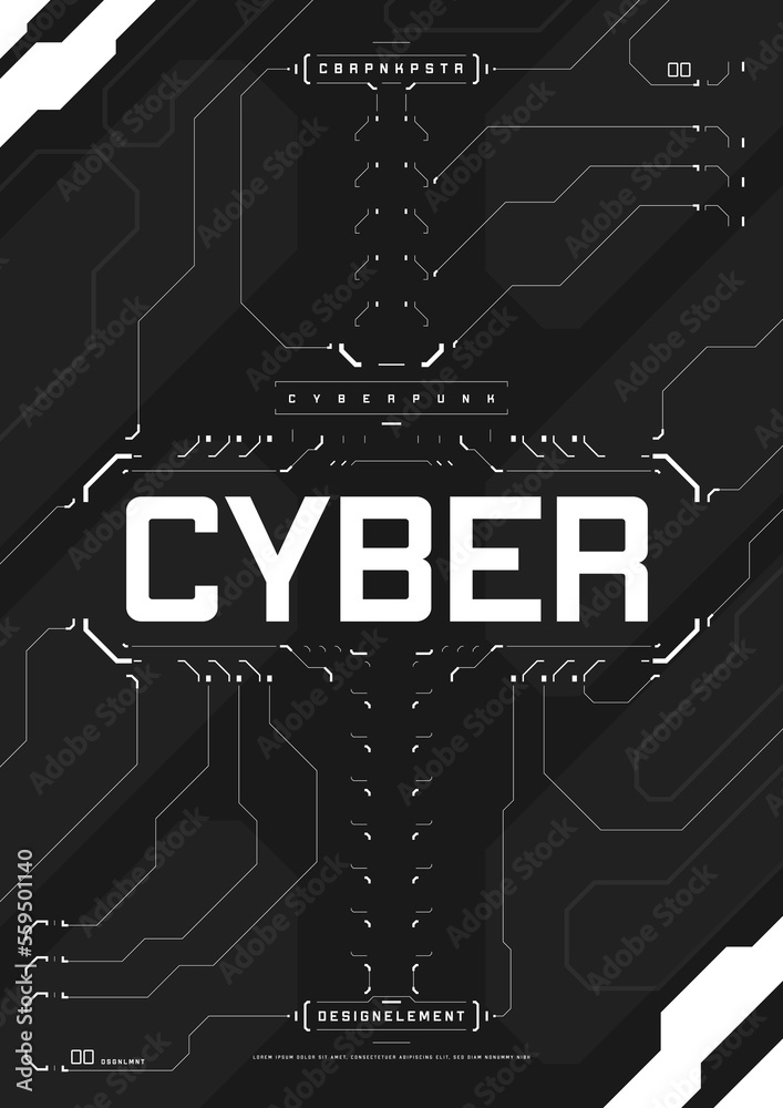 Cyberpunk futuristic poster. Modern cyberpunk design for web and print template. Tech style flyer with HUD elements. Abstract futuristic digital technology design. Virtual environments. Vector