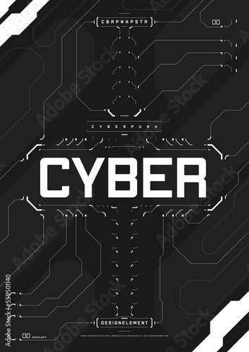 Cyberpunk futuristic poster. Modern cyberpunk design for web and print template. Tech style flyer with HUD elements. Abstract futuristic digital technology design. Virtual environments. Vector