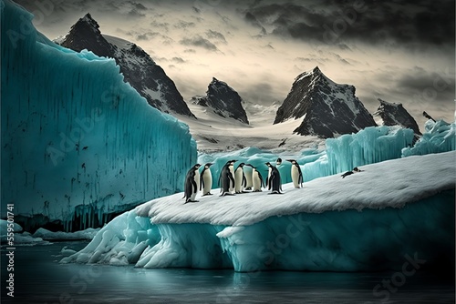 Beautiful landscape in the Antarctica, blue icebergs and penguins  photo