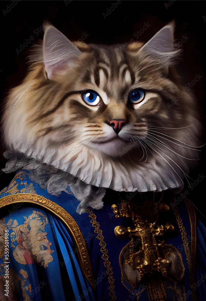 American Bobtail Cat Breed Portrait Royal Renaissance Animal Painting