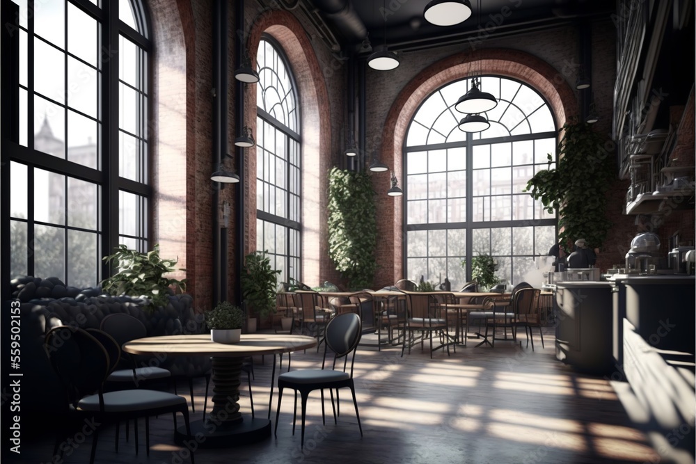 Naklejka premium Modern spacious loft style cafe restaurant interior in new york