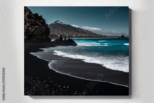 Picture on the wall about vulcanic island with black sand and turquoise water mock up