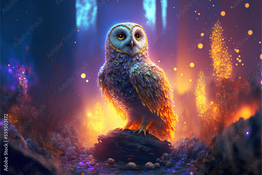 Naklejka premium Glowing owl in a fantasy forest, Generative AI