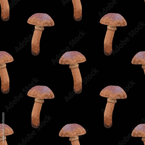 Seamless pattern Watercolor realistic mushroom. Beautiful mushroom Blusher. Brown mushrooms