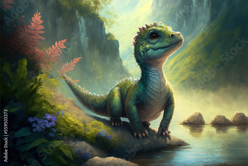 Cute baby dinosaur in a fantasy landscape  Generative AI