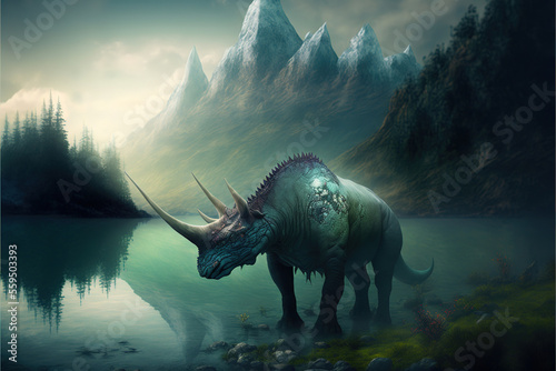 Dinosaur in a fantasy landscape, Generative AI © Dianne