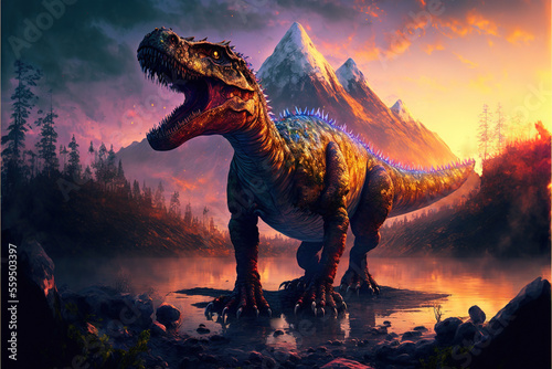 Ancient dinosaur in a fantasy landscape, Generative AI © Dianne