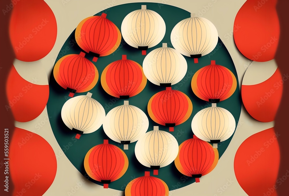 overhead shot of a group of Chinese lanterns arranged in a circular pattern, showing the symmetry and organisation of the decorations, DIGITAL ART (AI Generated)