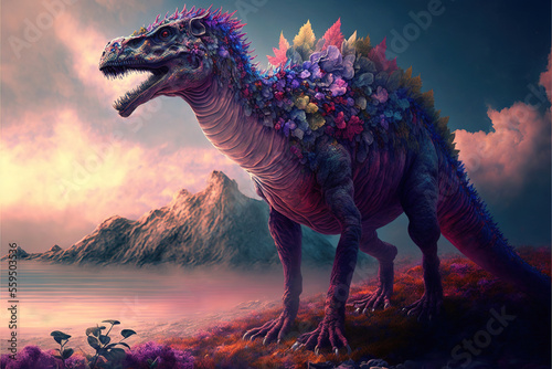 Ancient fantasy dinosaur covered with flowers,  Generative AI © Dianne