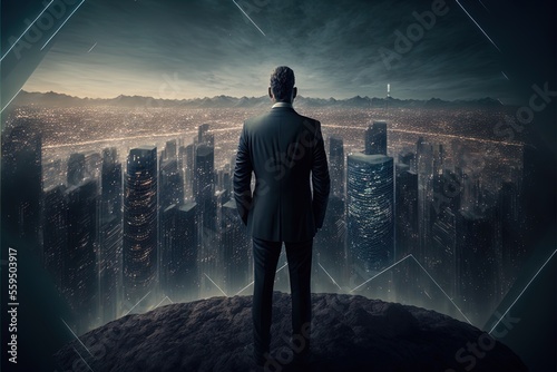 Businessman standing on the highest point of skyscrapers, overlooking smart line city. A man in a suit looking out over a city. Generative AI.