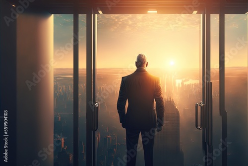 Businessman standing in rising transparent elevator and looking the whole city. A man in a suit looking out over a city. Generative AI.