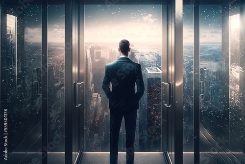 Businessman standing in rising transparent elevator and looking the whole city. A man in a suit looking out over a city. Generative AI.