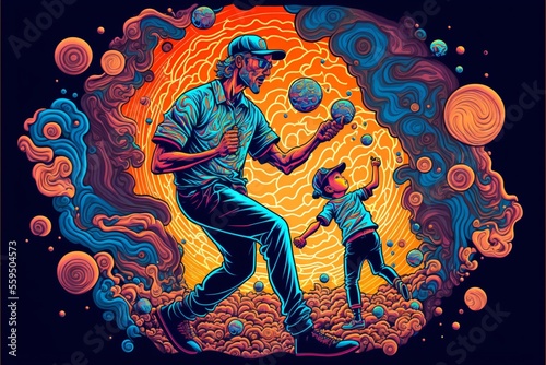 Un père et son fils jouant au baseball dans un monde psychédélique et plein de couleur, crée par une IA générative © Julien