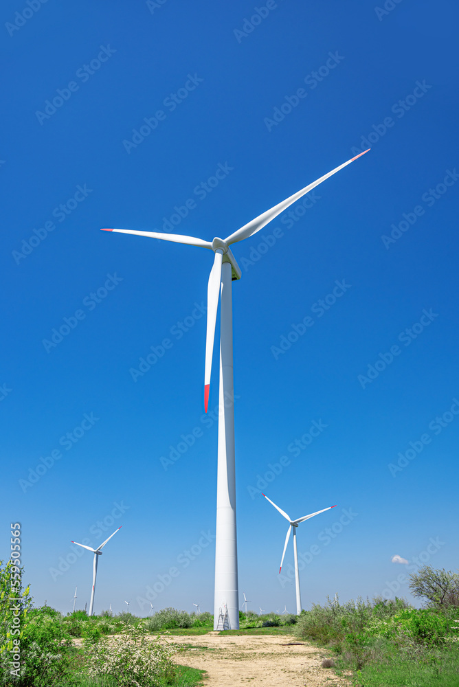 Wind farm outside the city against the blue sky. Wind farm outside the city against the blue sky.