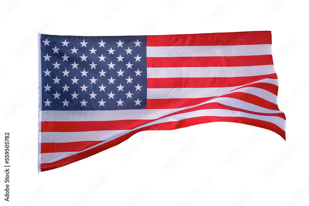 Obraz premium US flag on white background. Whole USA flag waving in the wind isolated on white. Patriotic concept.