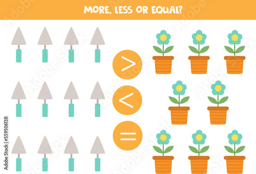 More, less or equal with cute cartoon hand trowel and flower pot.