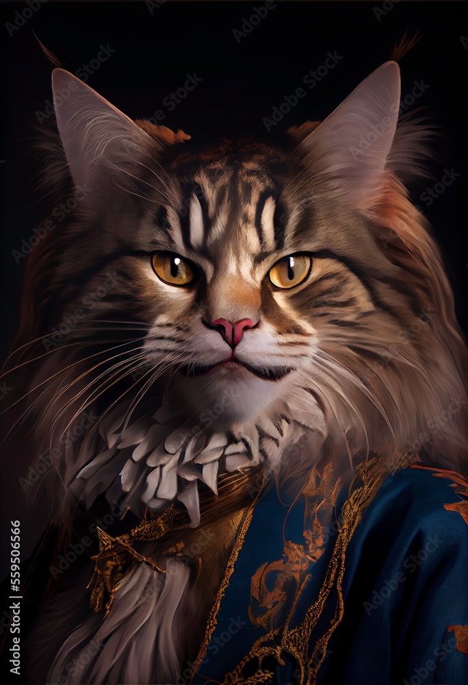 Maine Coon Cat Breed Portrait Royal Renaissance Animal Painting 