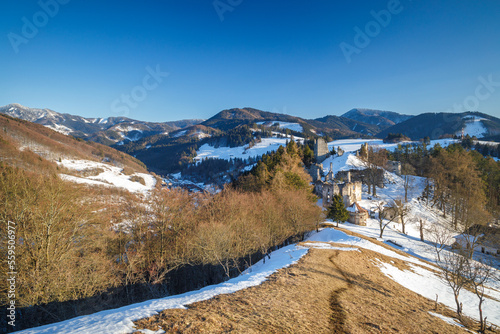 Ruins of Sklabina castle in winter, Slovakia, Europe. photo