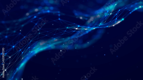 Abstract polygonal space with connecting dots and lines. Dark background. Connection structure. 3d Widescreen