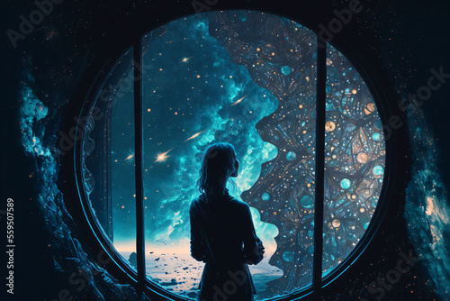 Fotografia, Obraz girl looks out of a window into space made with generative ai