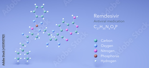 molecule remdesivir, molecular structures, antiviral medication 3d model, Structural Chemical Formula and Atoms with Color Coding photo
