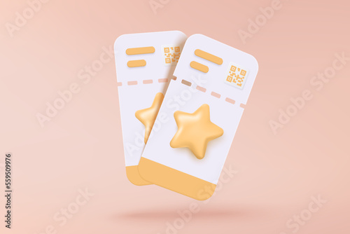 3D cinema movie ticket with minimal film theater play icon, ready for watch movie in theatre. Media film for entertainment, booking ticket service. 3d vector cinema coupon icon render illustration