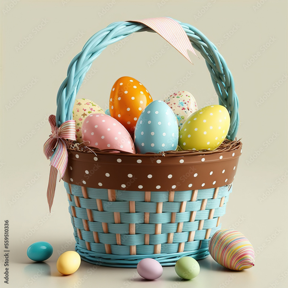 Easter basket full of eggs, holly. Generative AI - obrazy, fototapety, plakaty 