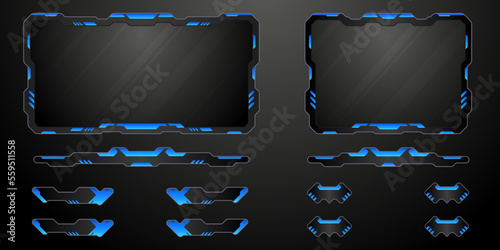 Futuristic black and blue stream overlay game interface screen panels and gui buttons for live video broadcast