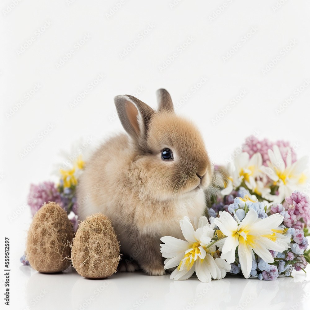 Easter bunny surrounded by spring flowers. Generative AI - obrazy, fototapety, plakaty 