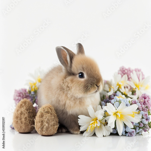 Plakat w ramie Easter bunny surrounded by spring flowers. Generative AI